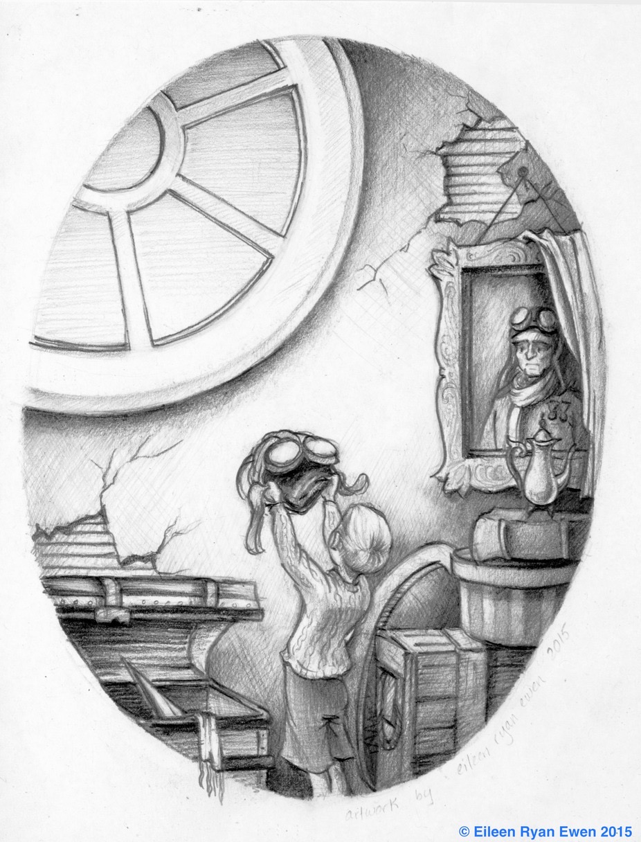 Pencil study of Alastair examining an attic and a mysterious portrait