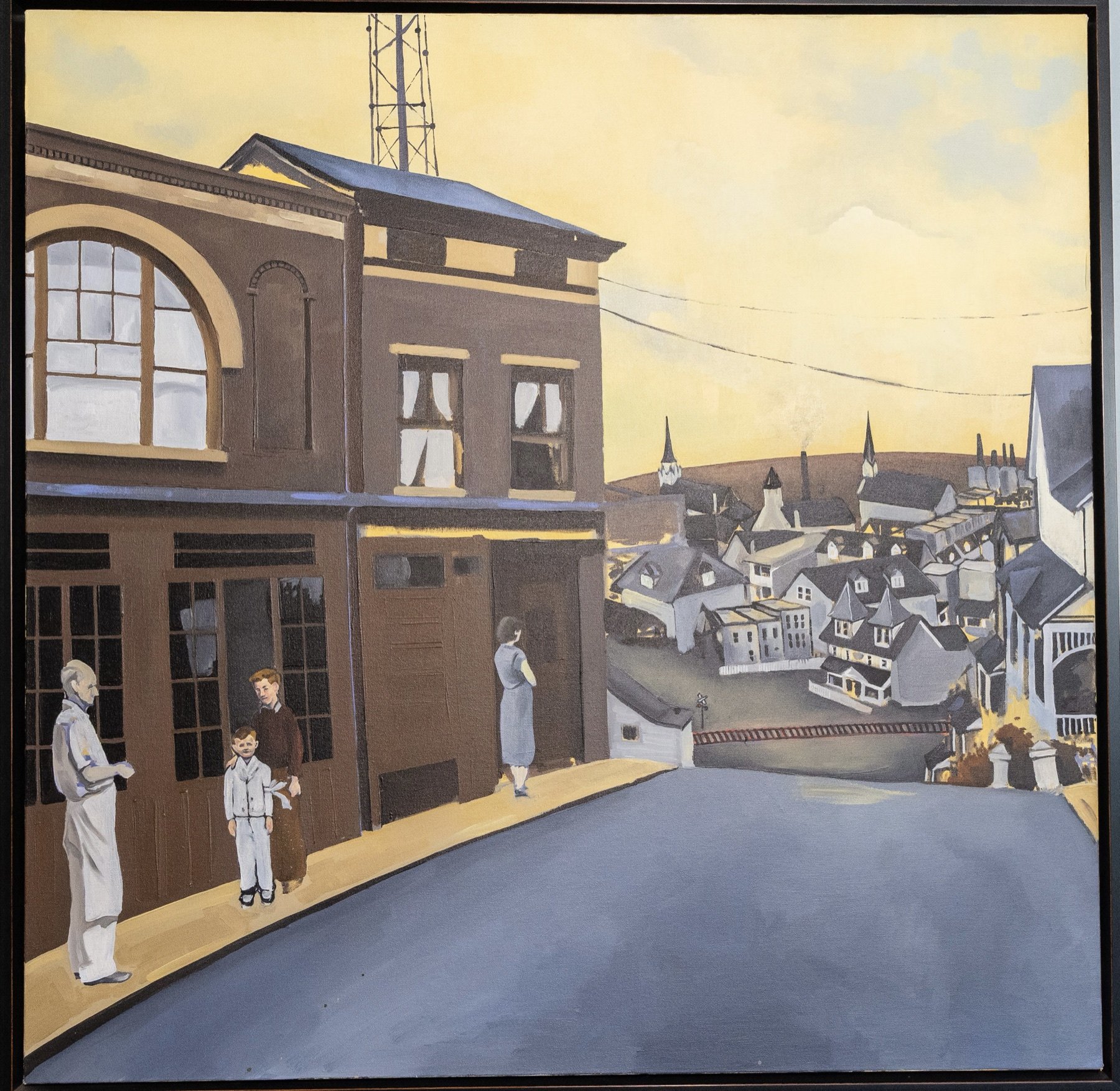 Painting of a hilltop town seen from a quiet street
