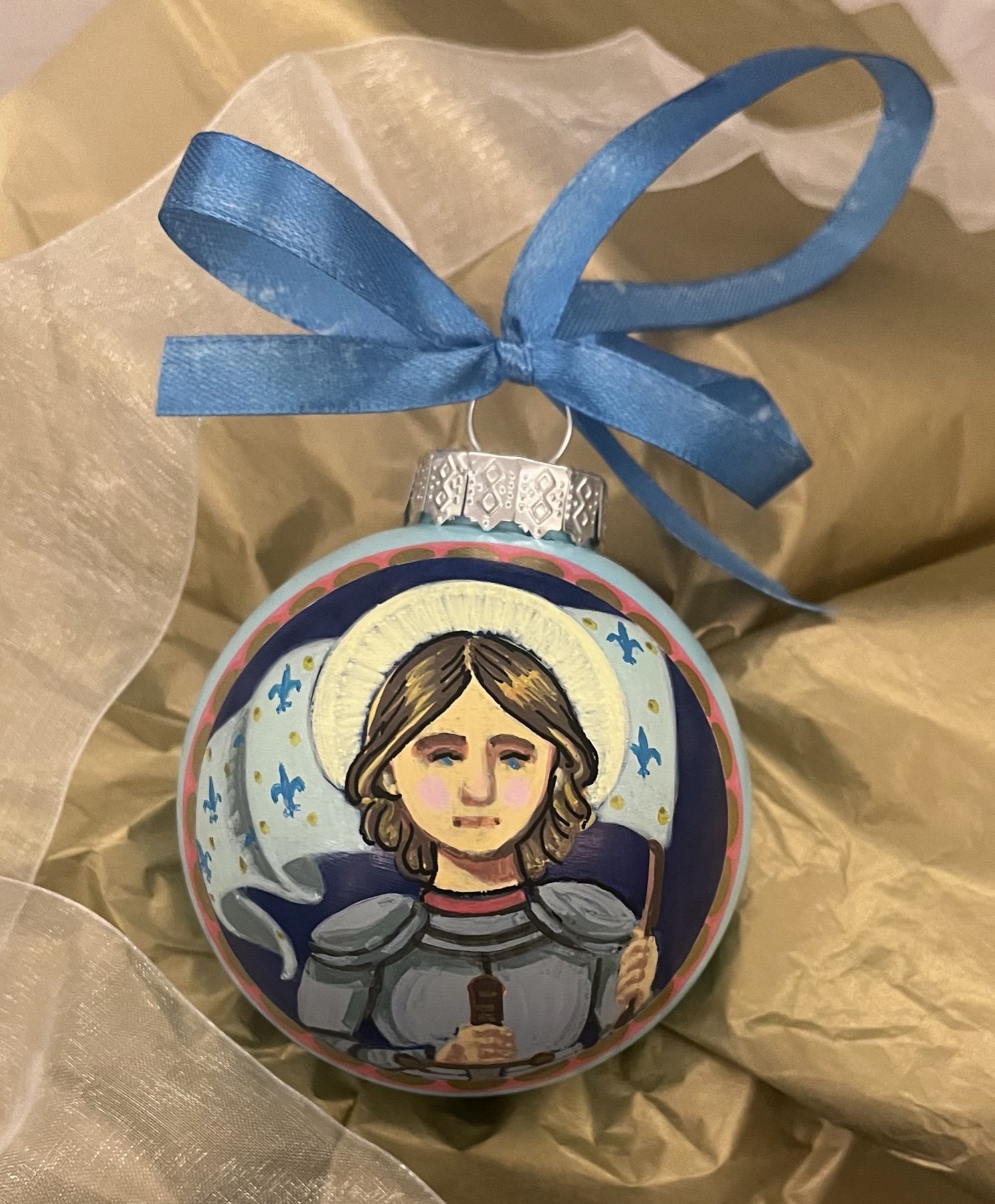 Hand-painted glass ornament portrait of St. Joan of Arc