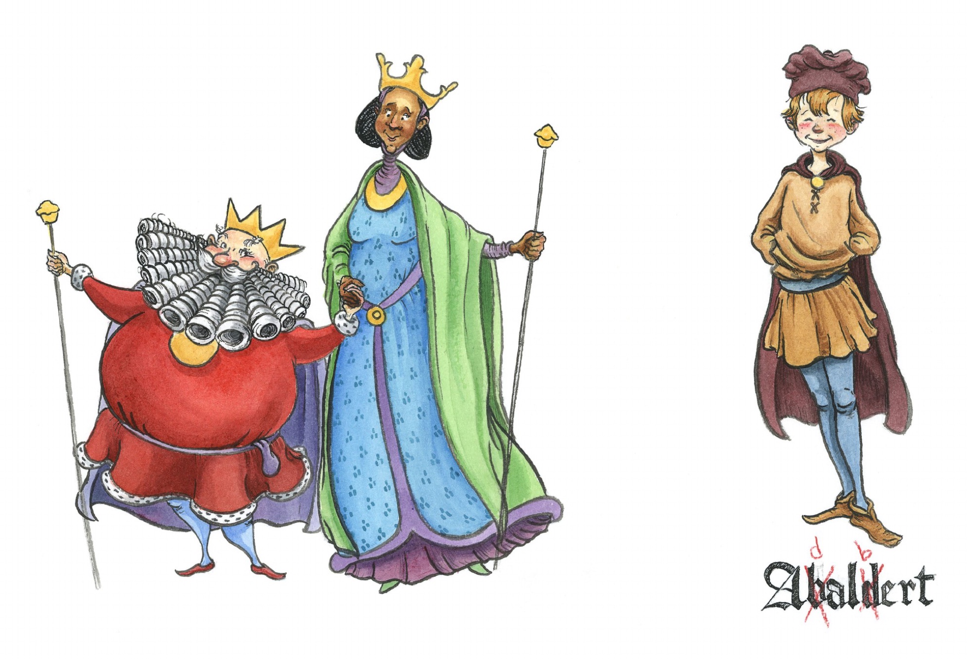 Character studies of a king, queen, and young attendant