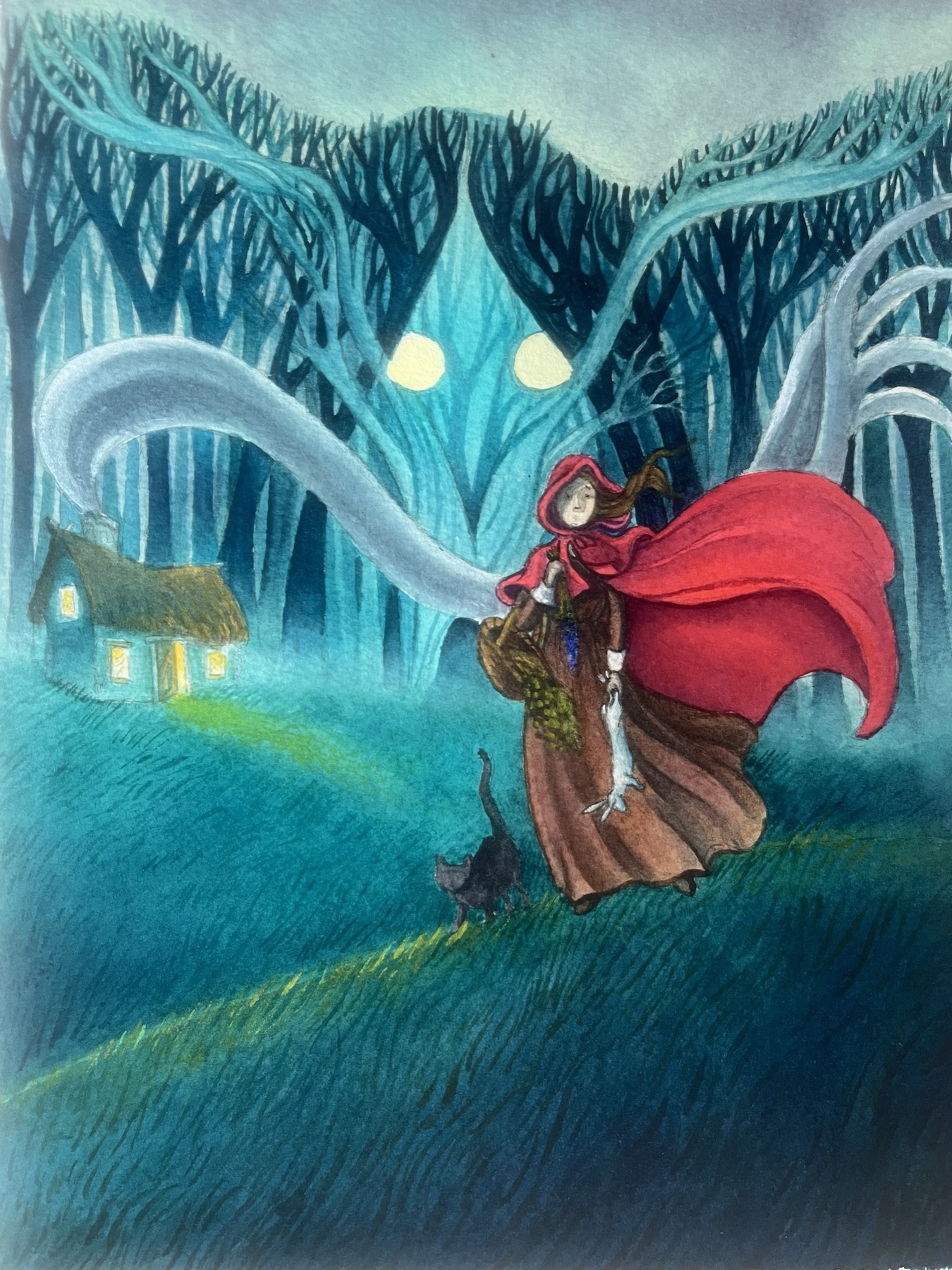 A red-caped witch walking through a blue forest