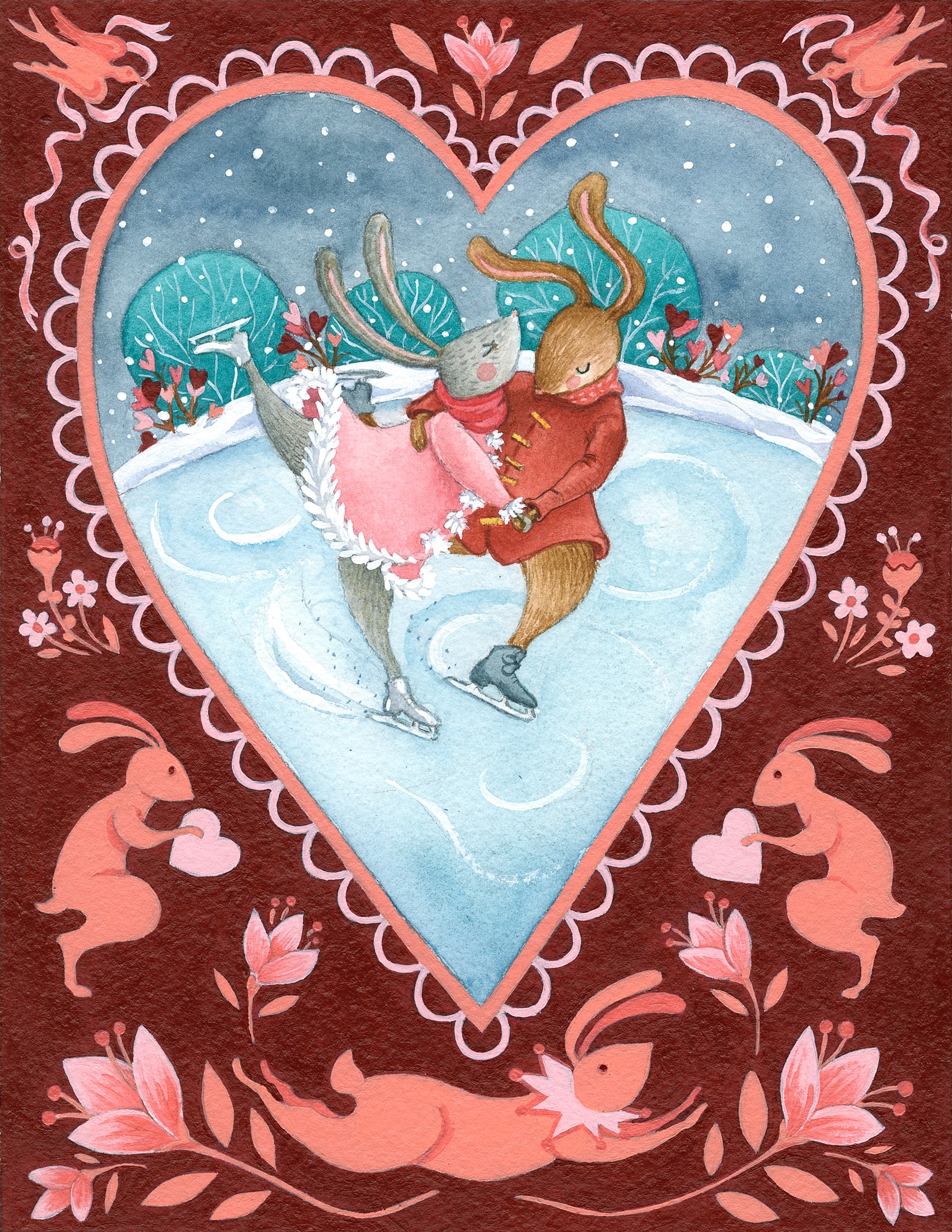 Two rabbits ice skating inside a bright Valentine heart
