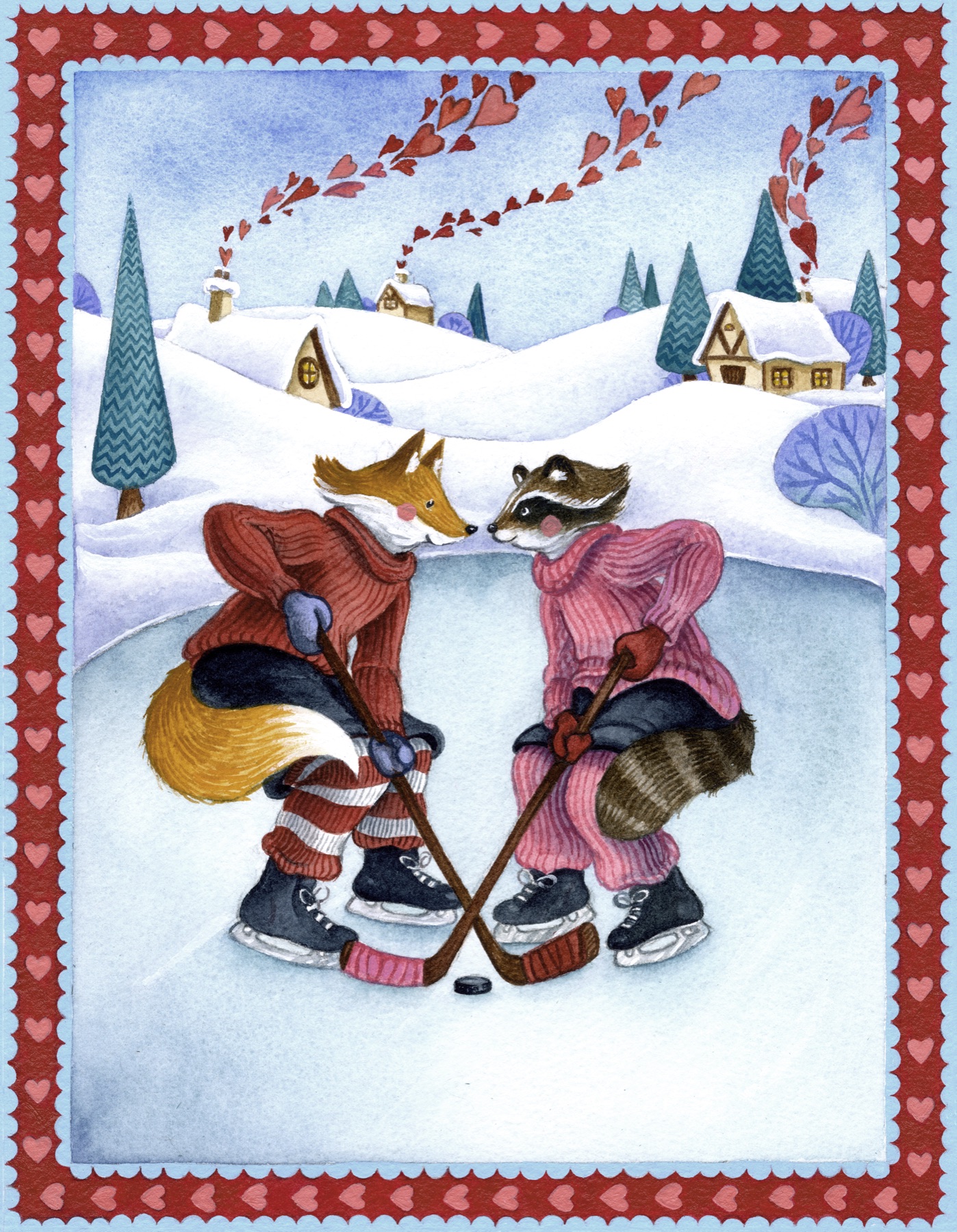 A fox and raccoon playing hockey on a Valentine card