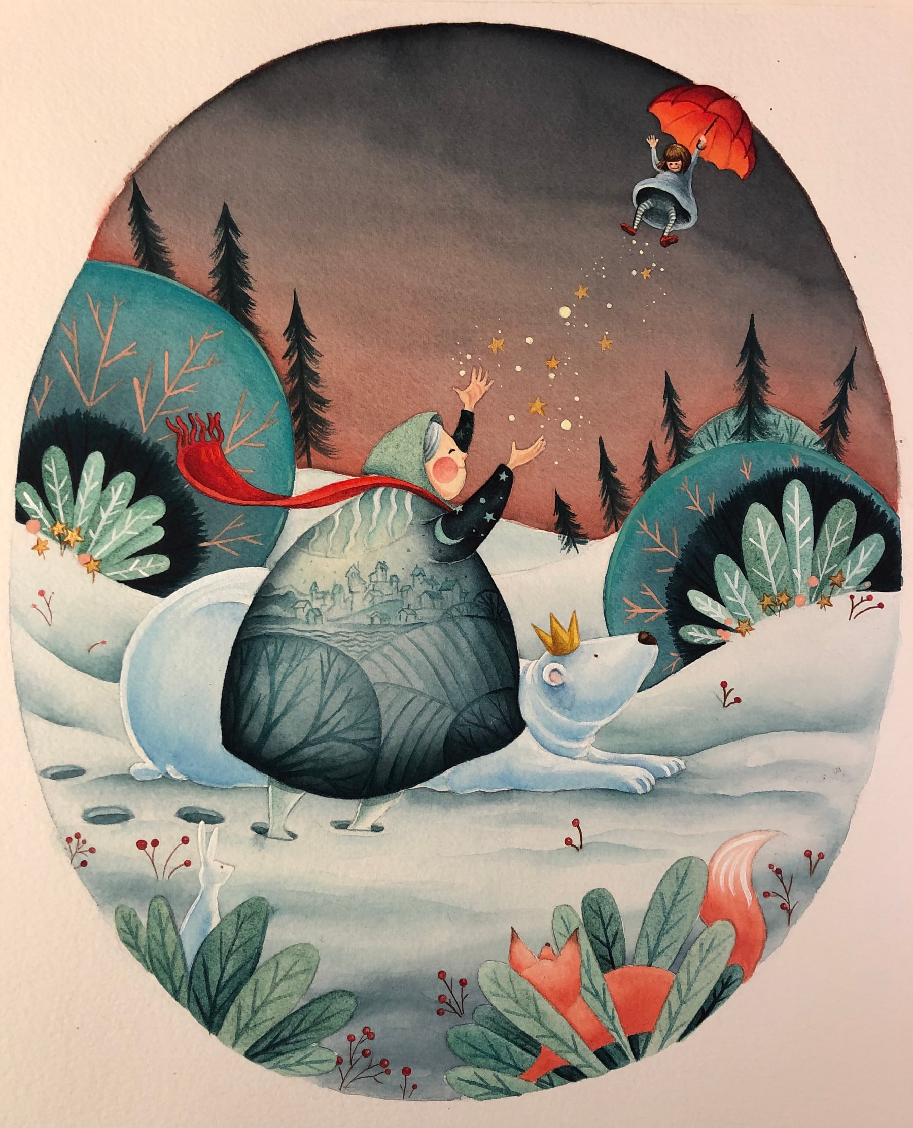 A winter figure catches stars as a child floats above a snowy forest