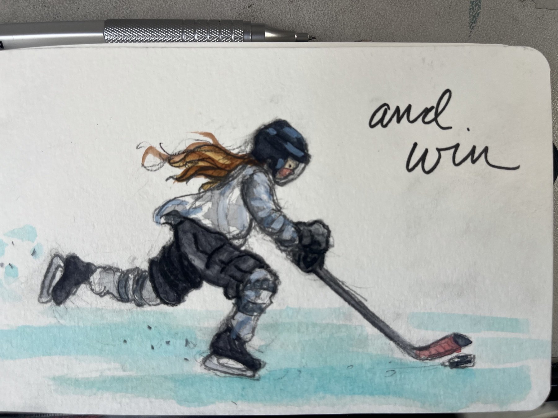 Travel sketchbook page of a hockey player skating with the puck