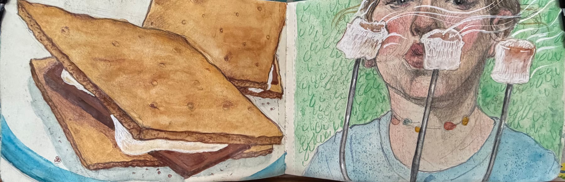 A sketchbook spread recording a sandwich and an everyday reading moment