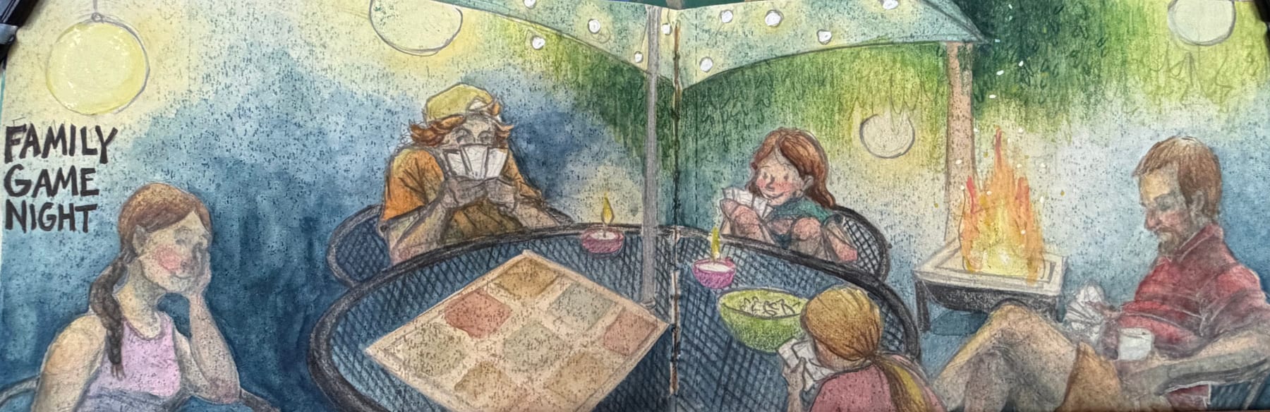 A sketchbook spread of family members gathered for a game night