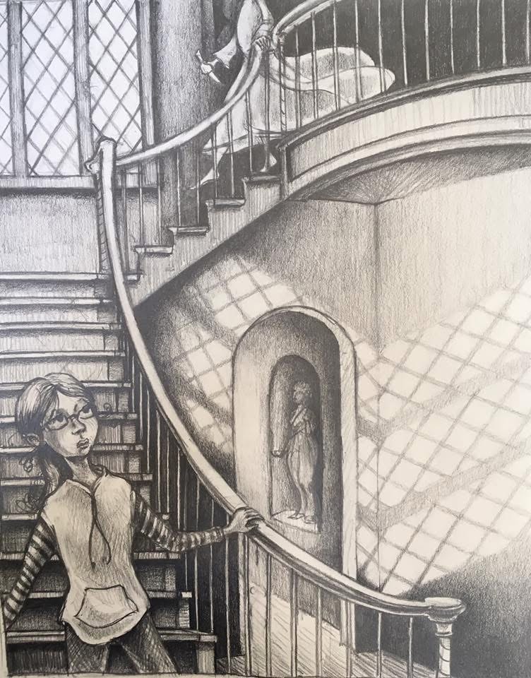 Black-and-white pencil study of a girl noticing a ghost on a curved staircase