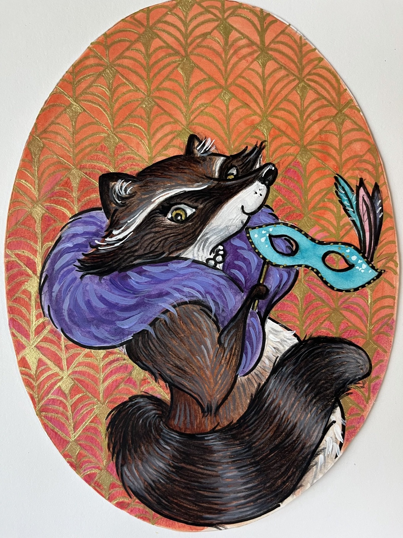 A badger in a purple costume and blue mask curled into an oval composition
